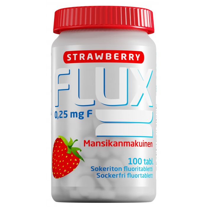 1000018257_Flux_Strawberry_fluoritabletti_250_mikrog_100_imeskelytabl_pakkauskuva_Pakkauskuva20855_jpg